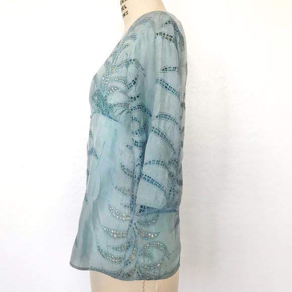 GOLD HAWK - Pale Blue Silk Top w/ Flared Sleeves - Picture 2 of 4